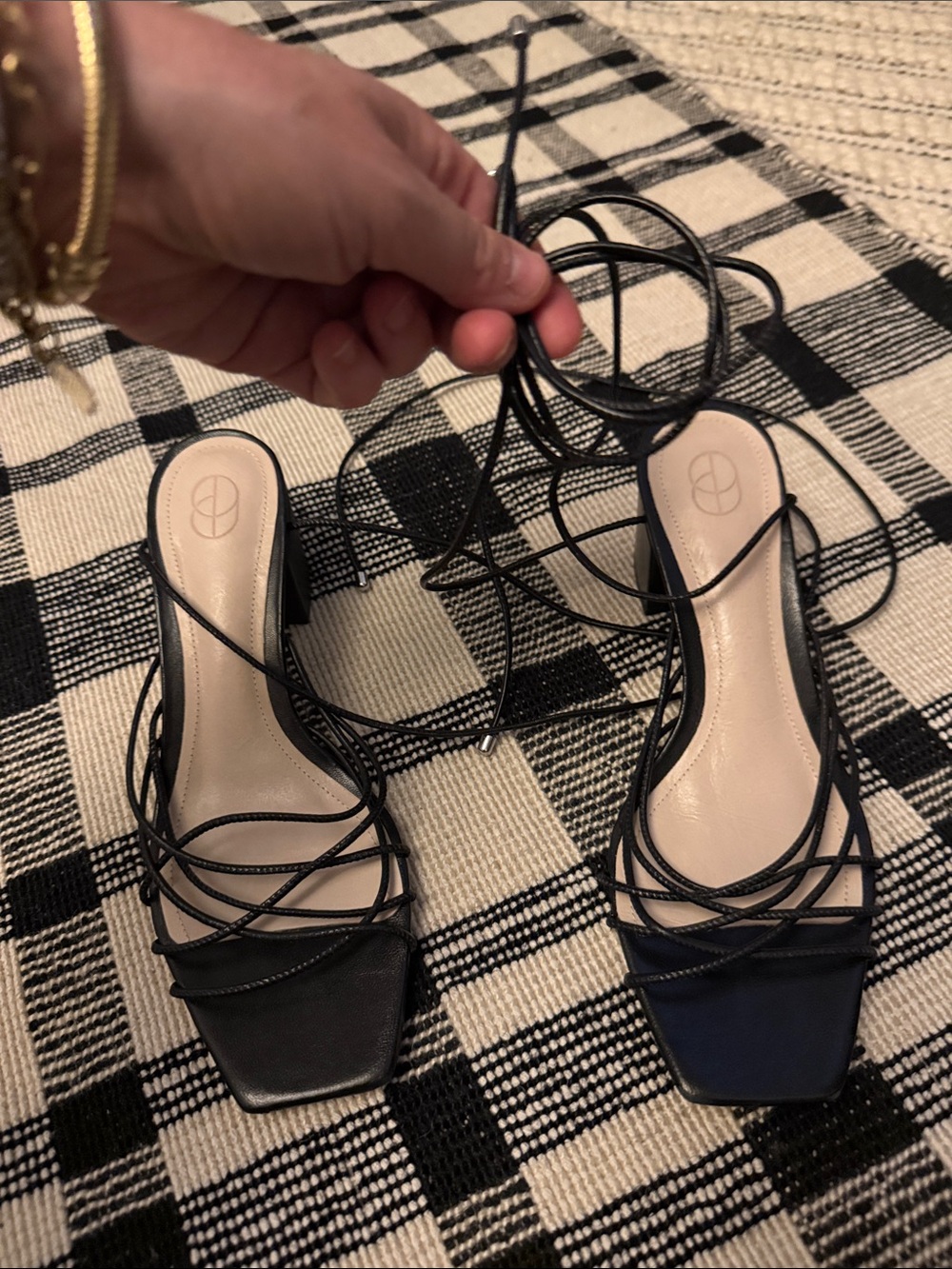 Strappy Square-Toe Lace-Up Heels - Black